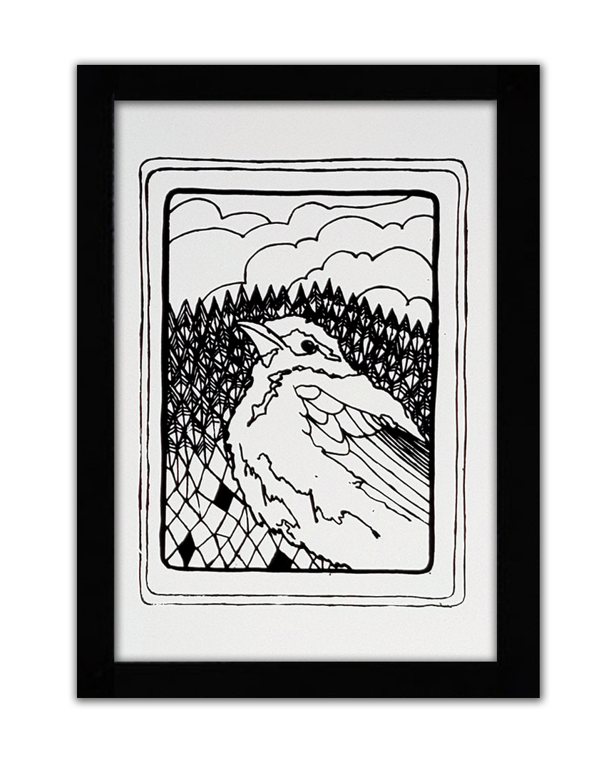 a screenprint of a songbird with trees in the background