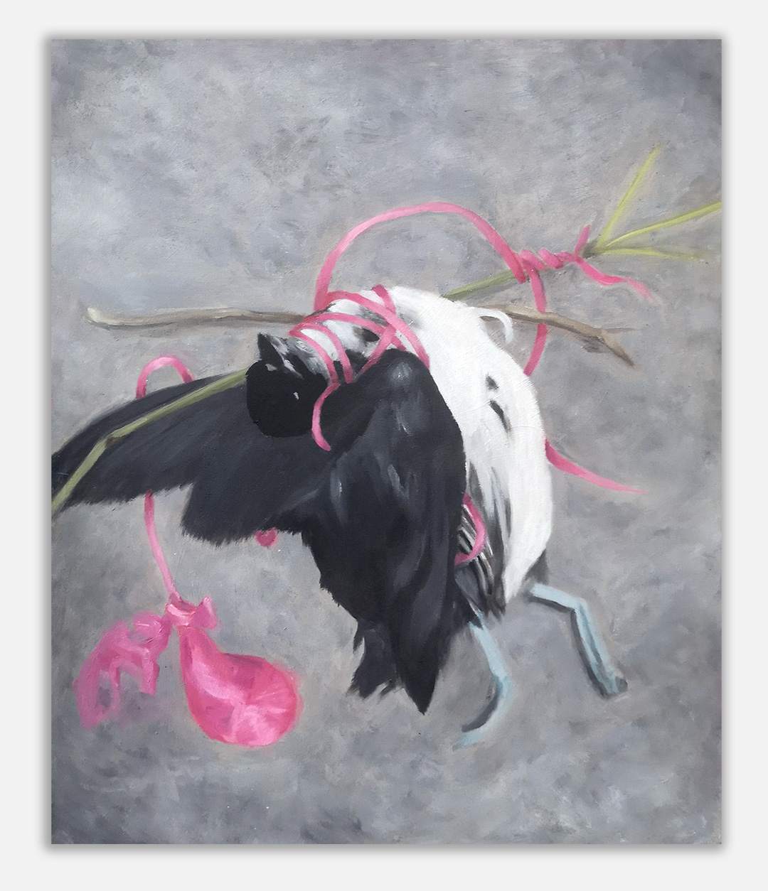 A painting of a black and white dead bird caught in the pink string of a pink balloon