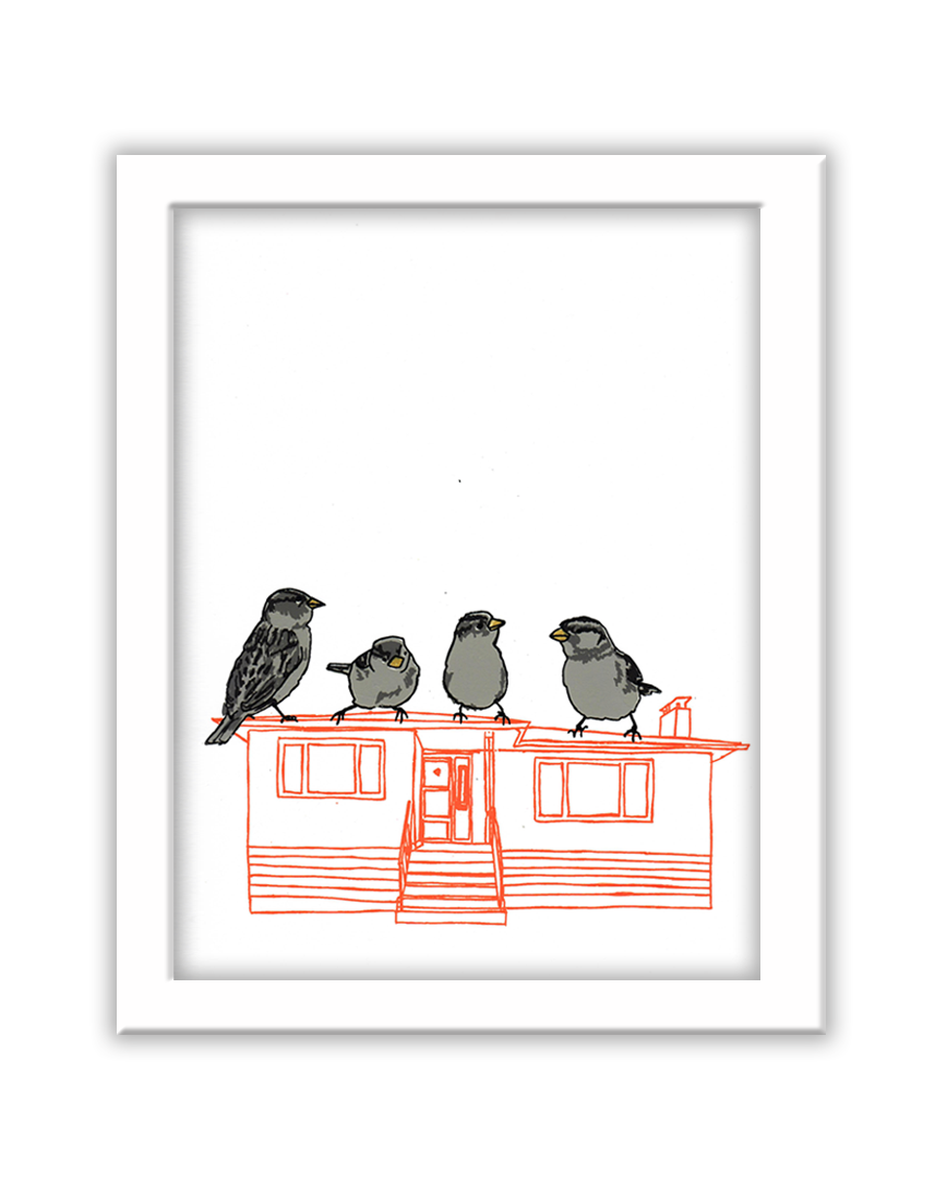 A screenprint of 4 house sparrows perched atop an orange line drawing of a house