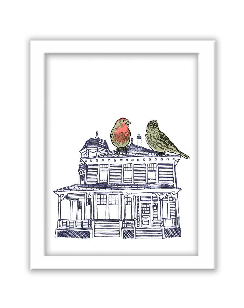 A screenprint of two house finches perched atop a purple line drawing of a house