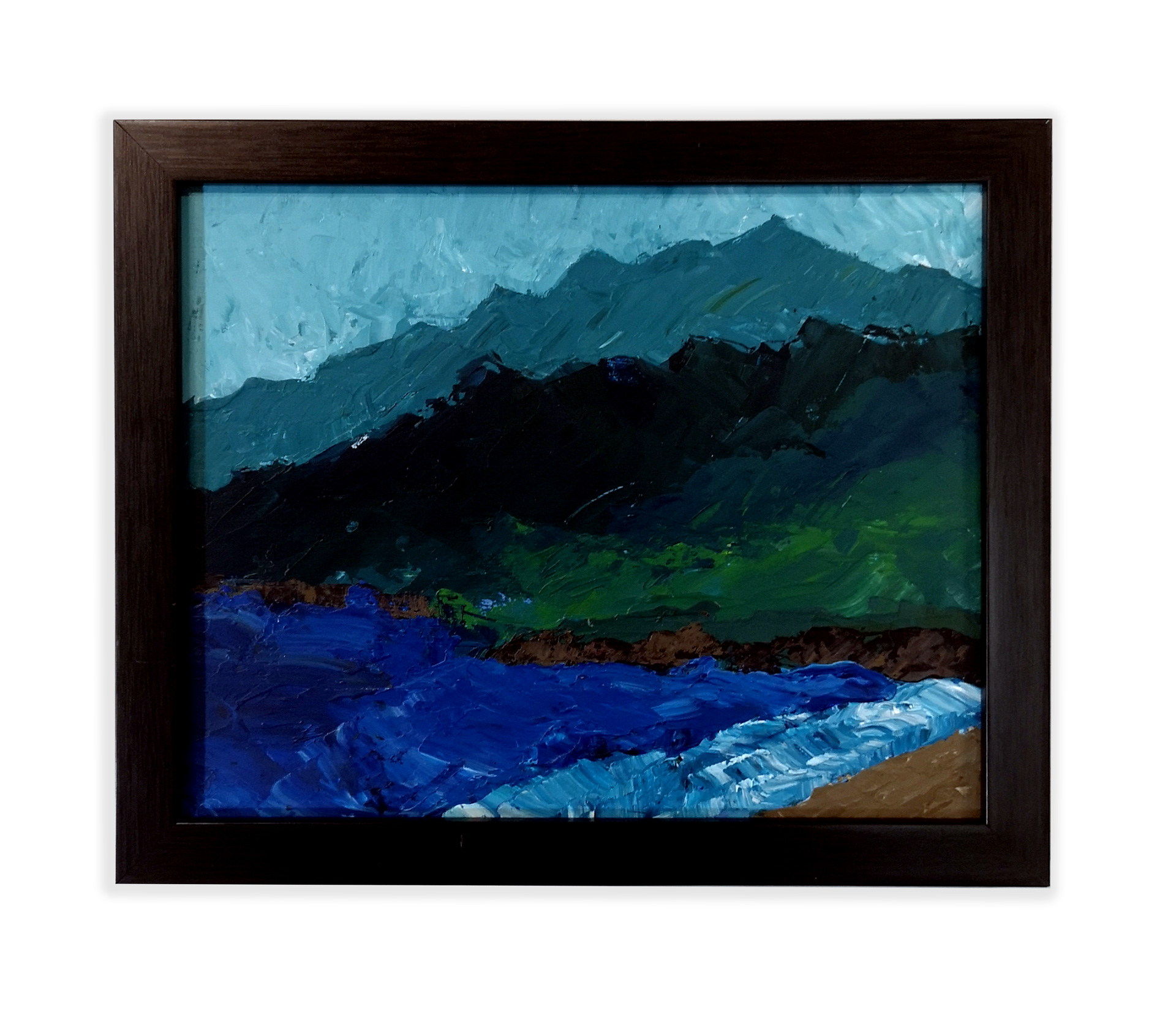 A blue and green painting of a landscape with mountains and the beach done with pallet knives