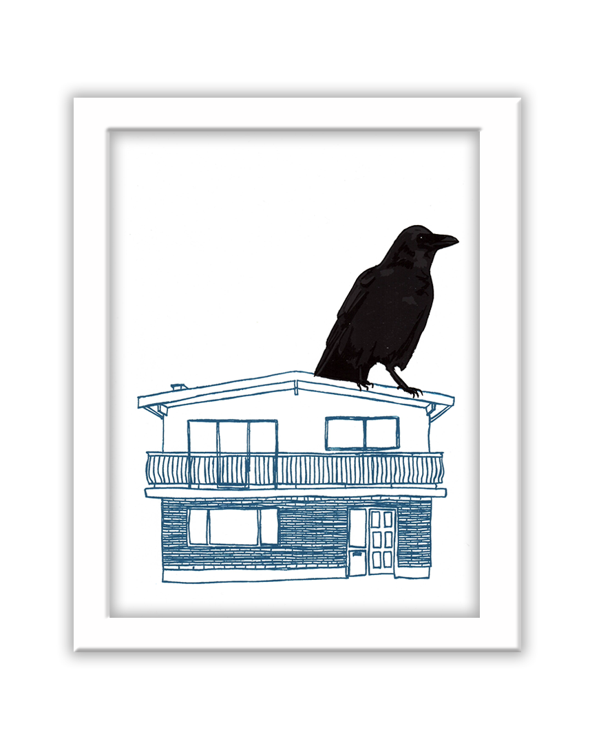 a screenprint of a giant black crow standing ontop of a blue linedrawing of a house