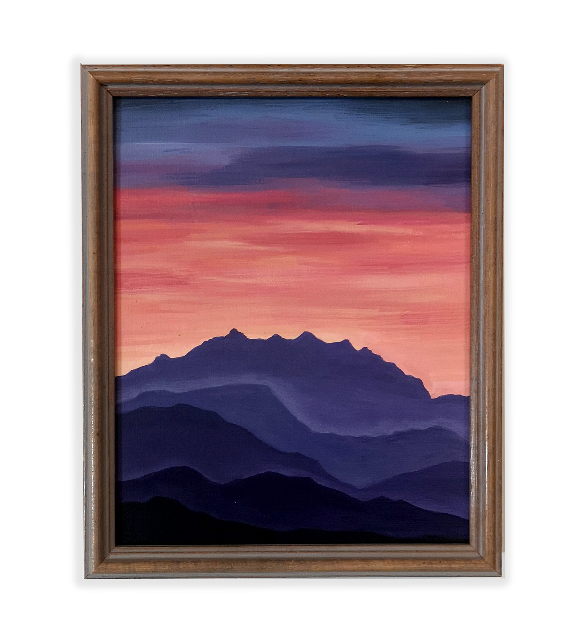 A purple and blue painting of mountains at dusk