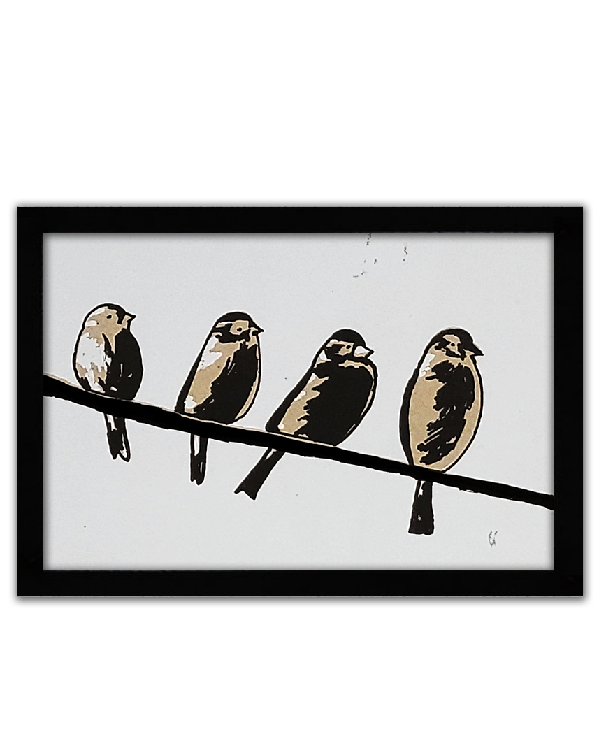a screenprint of 4 songbirds on a wire