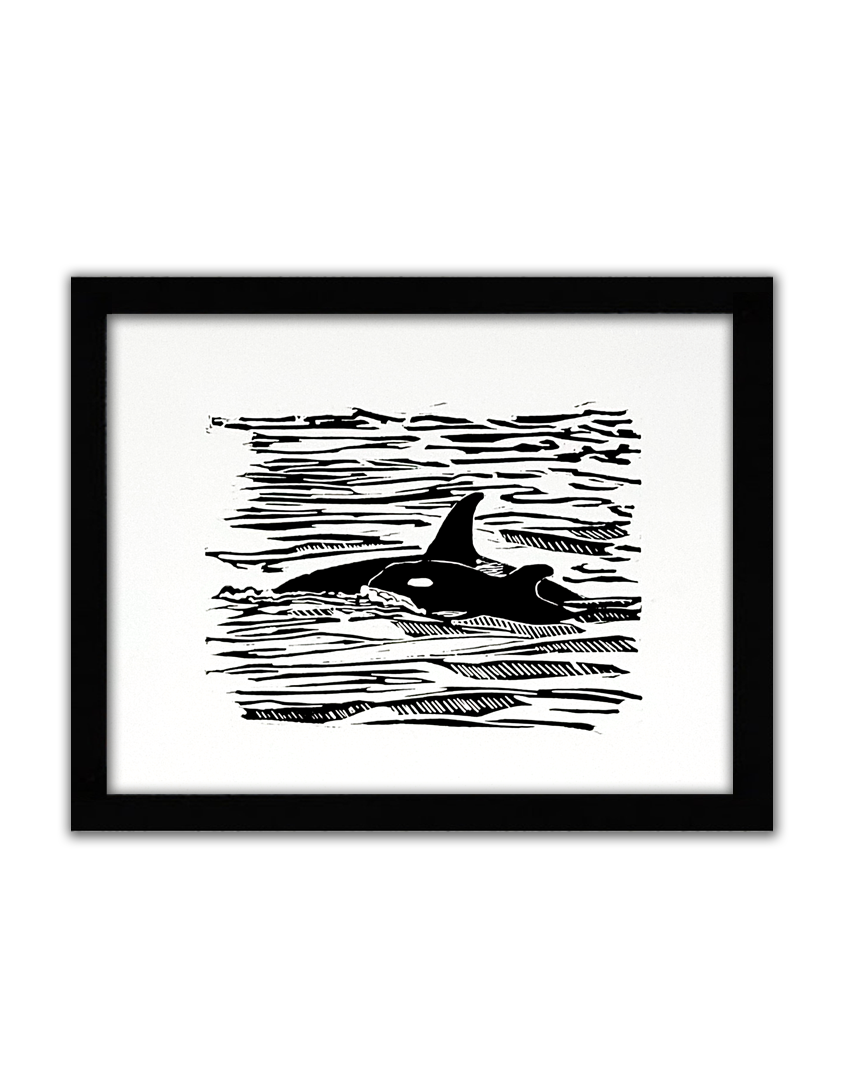 a black linoprint of a mother orca swimming with her baby