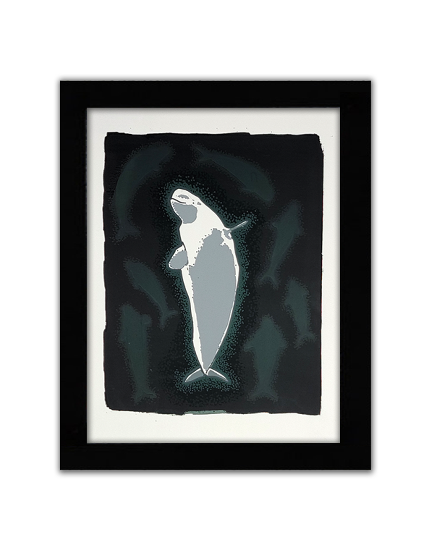 a screen print of one full-bodied beluga surrounded by the feint shadows of 7 more belugas