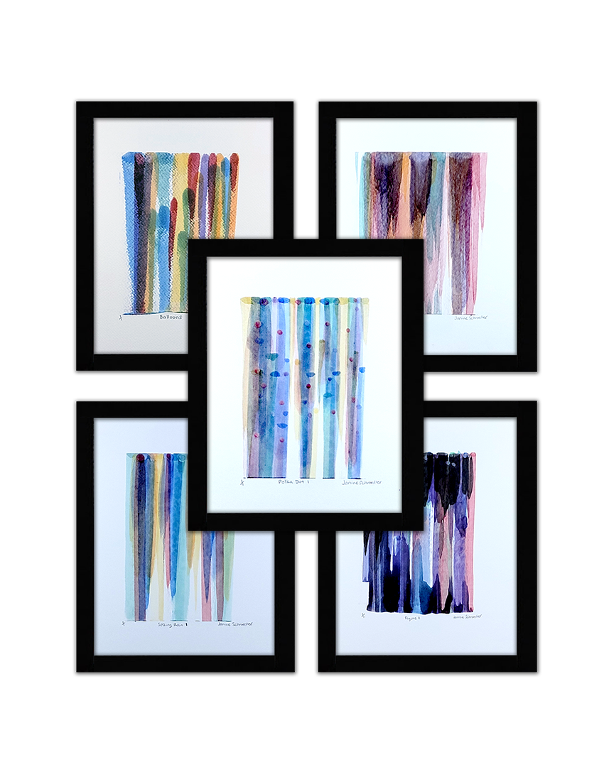 Four different screenprints of colourful, abstract inks streaking down the pages