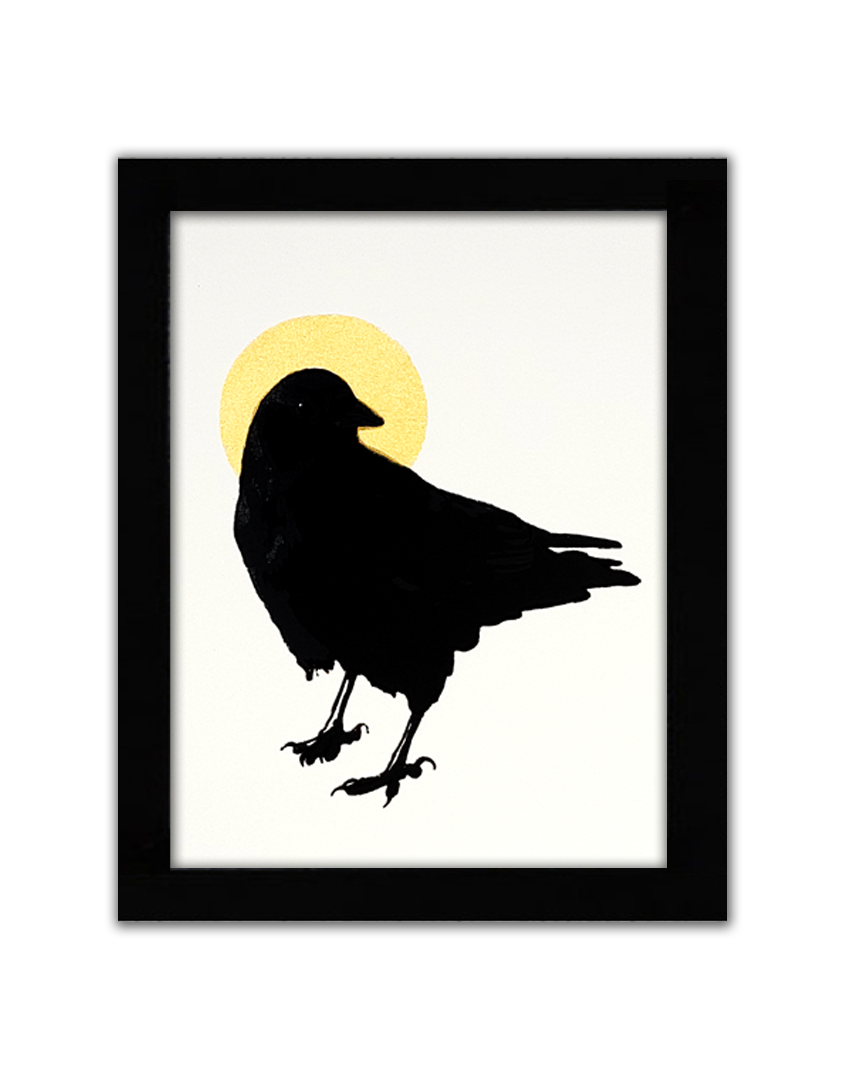 A screenprint of a crow looking over its right shoulder with a filled yellow halo behind its head