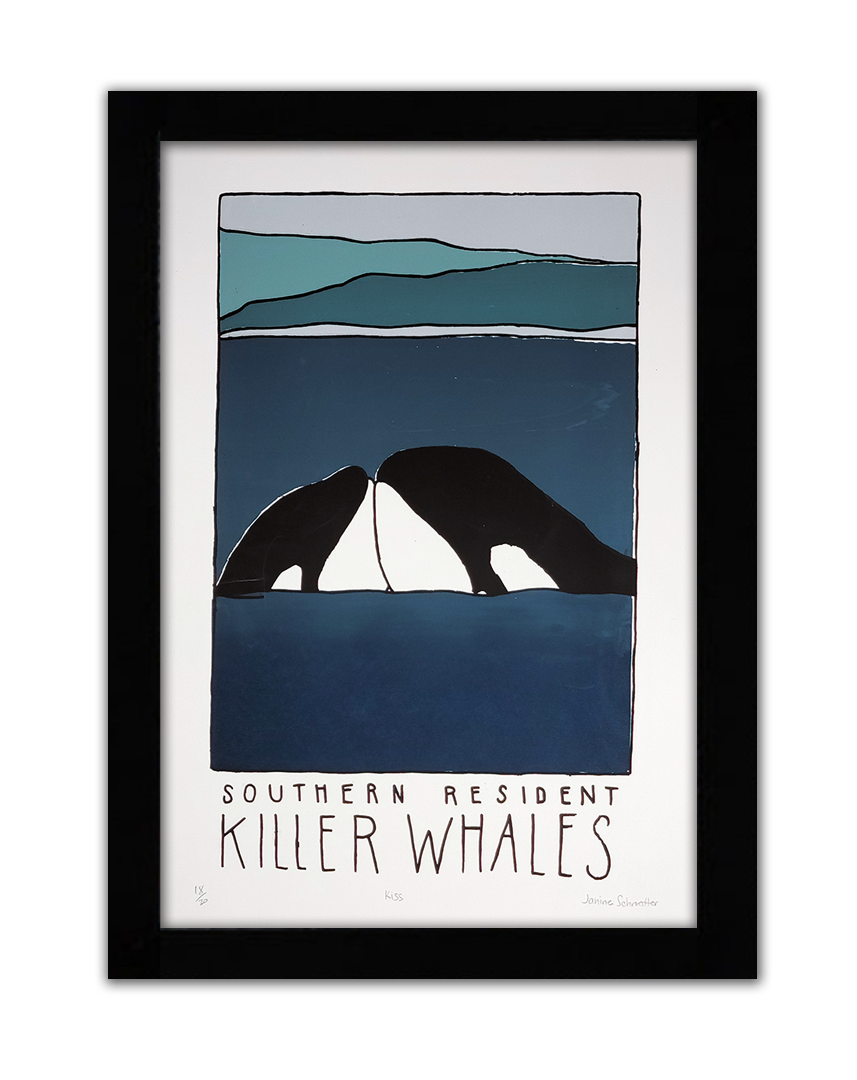 A screenprint of two orcas kissing in the water