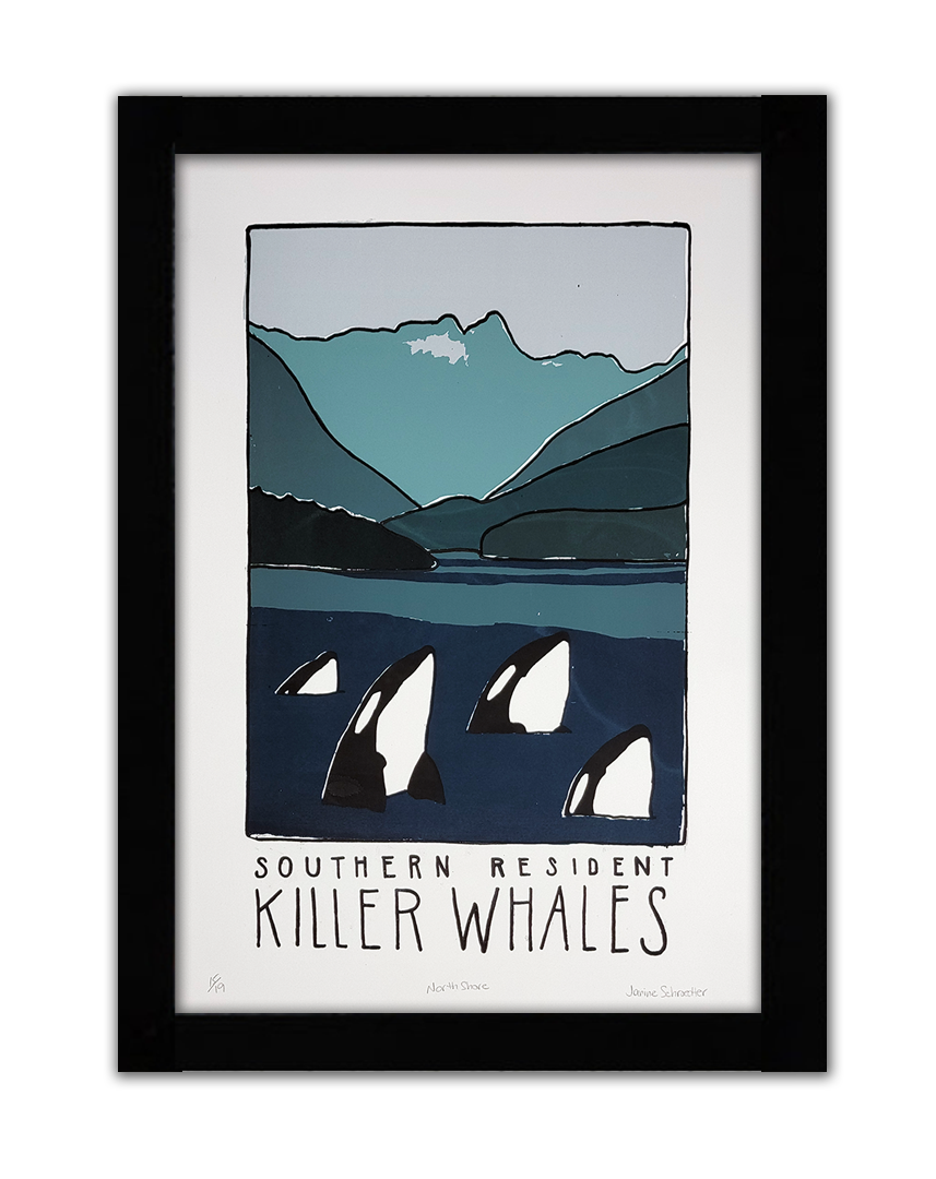 A screenprint of 4 orcas breaching the water with mountains in the background