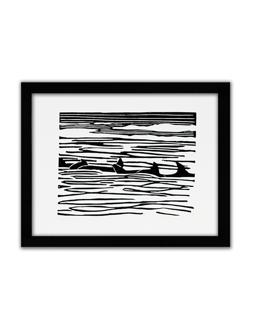 a black linoprint of a line of 6 orca fins in the water