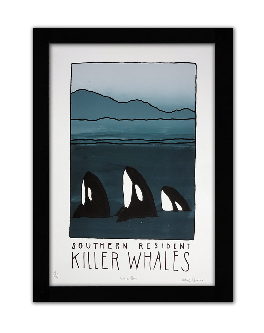 a screenprint of 3 breaching orca whales with a mountain range backdrop