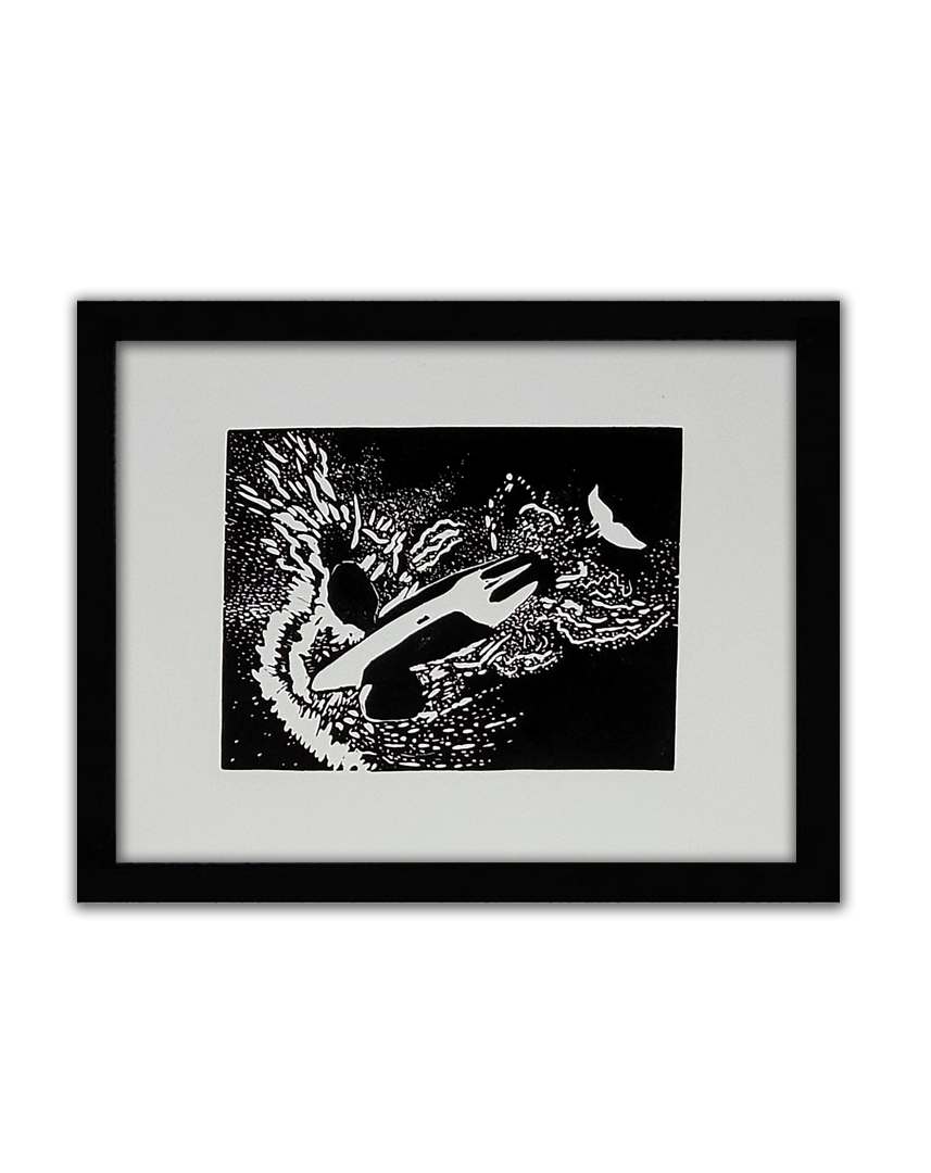 A black linoprint from above of an orcas landing on its back in the water