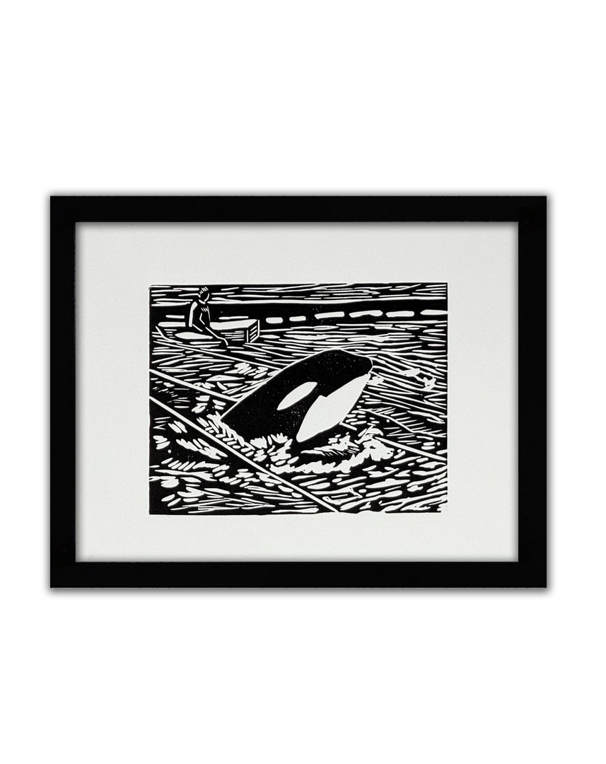 a black linoprint of an orca caught in a fishing net. a man sits in a rowboat in the background