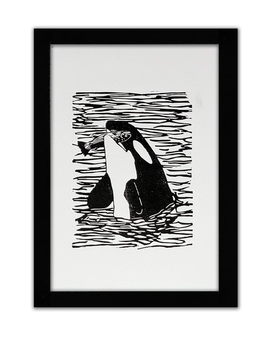 A black linocut of an orca eating a fish in the ocean