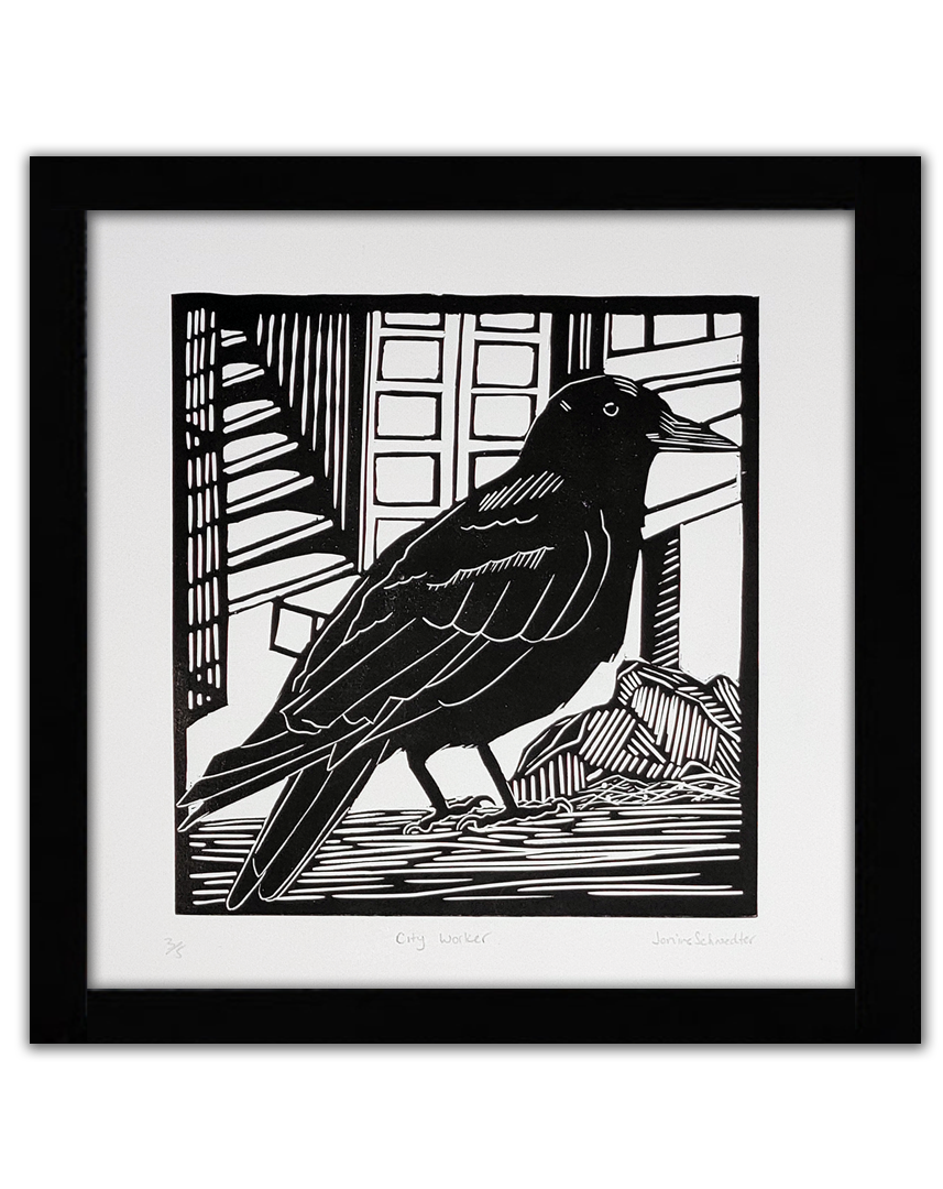 A black linocut of a crow on the city streets
