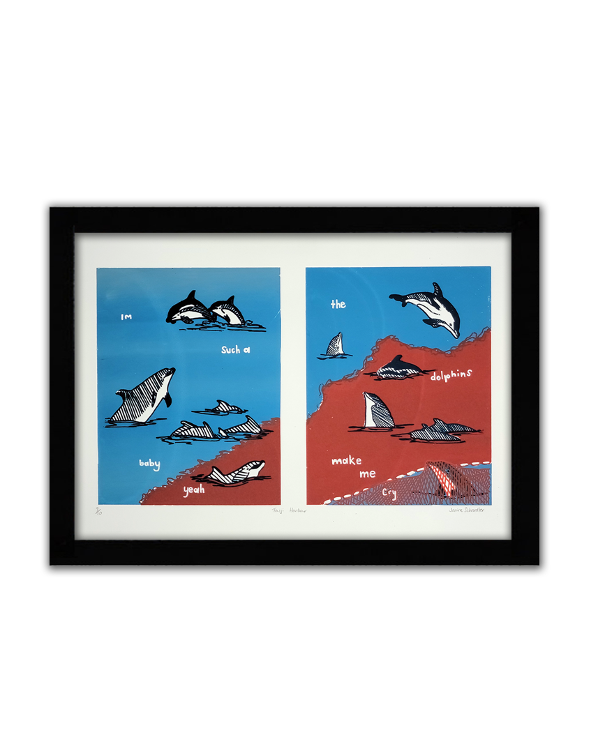 Two screenprints side by side with dolphins swimming in blue and red water. One is trapped in a net. the words say "I'm such a baby yeah the dolphins make me cry"