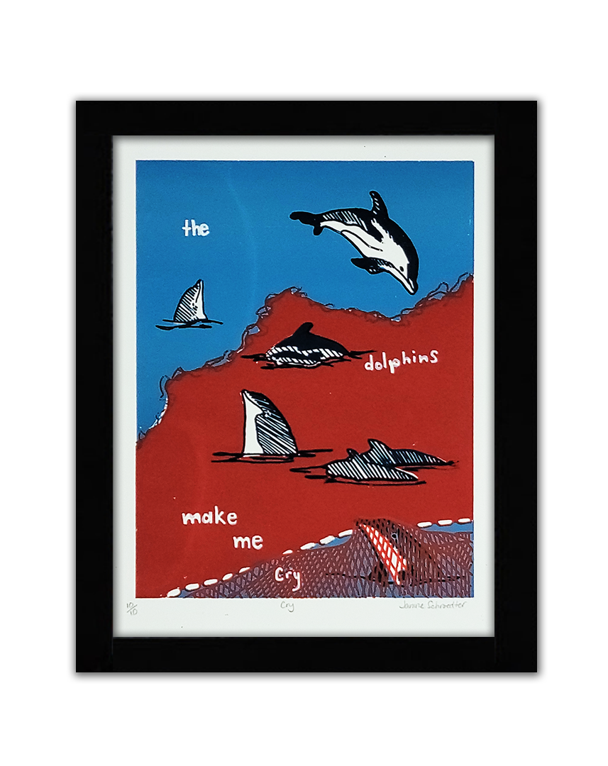 A screenprint of 7 dolphins in the water. Most of the water is red with blood. One dolphin is in a net. The text says "the dolphins make me cry