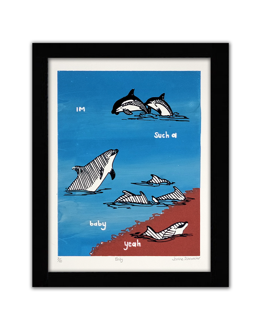 A screenprint of 7 dolphins in the water. The blue water turns blood read. on it are the words "I'm suach a baby yeah"