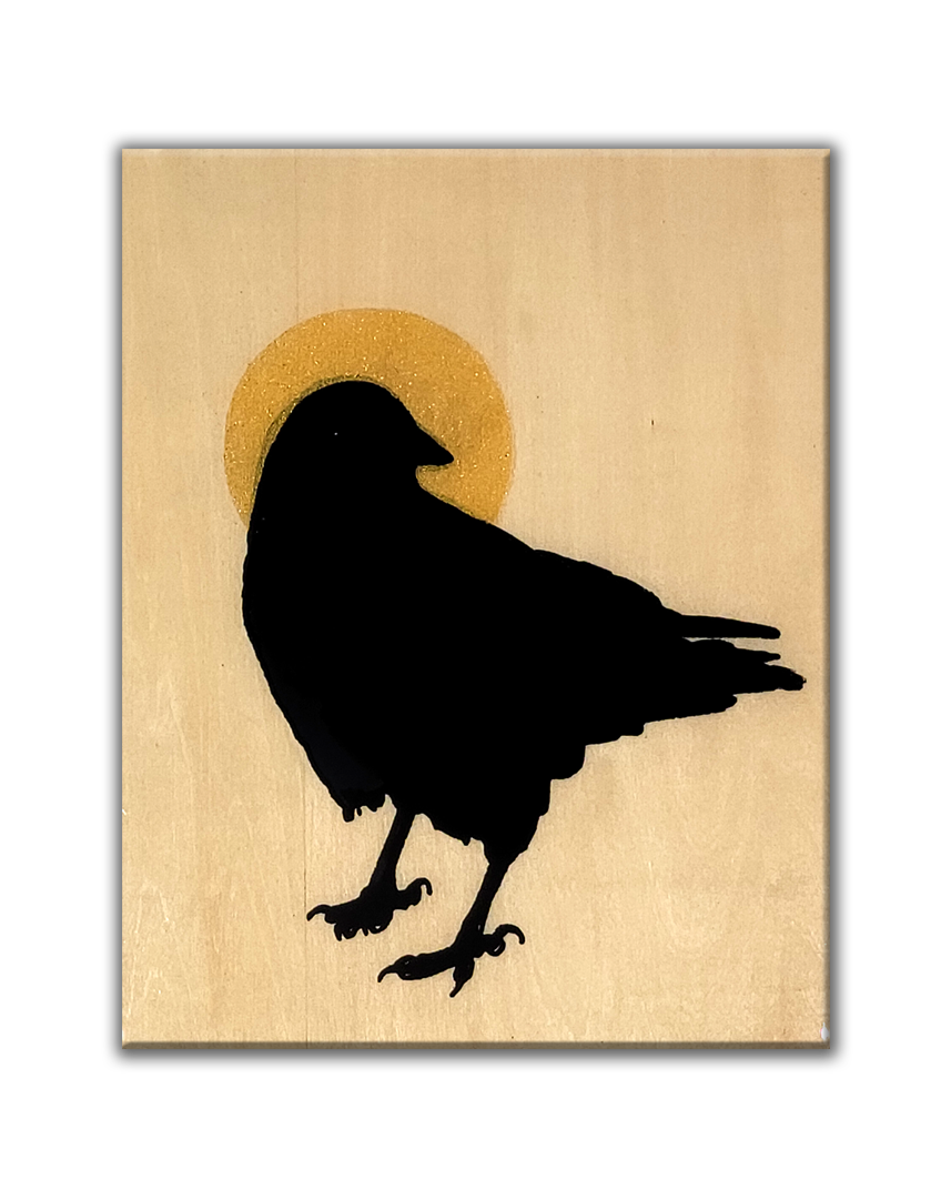 a screenprint of a crow looking over its right shoulder with a filled golden halo around its head, this print is on wood