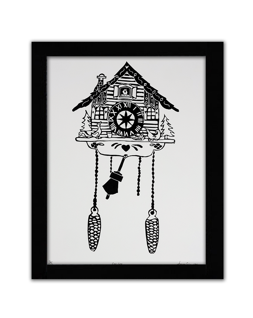 A black linoprint of a coocoo clock with a roman numeral face and bird decorations