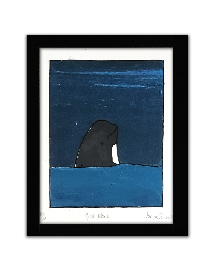 A screenprint of a dark pilot whale spyhopping
