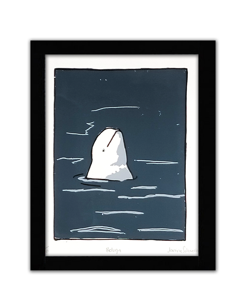 A screenprint of a white beluga breaching blue water