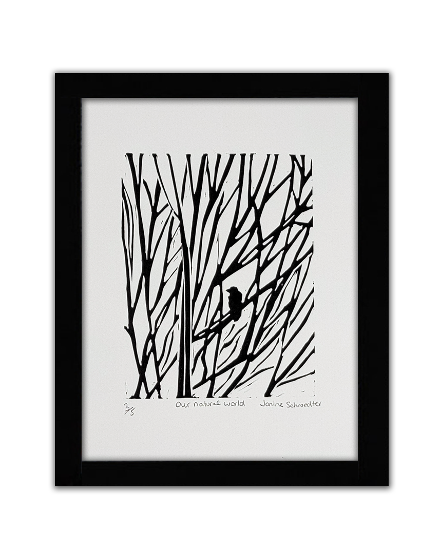 A black linoprint of a bird in the distance sitting on the branch of a tree with no leaves