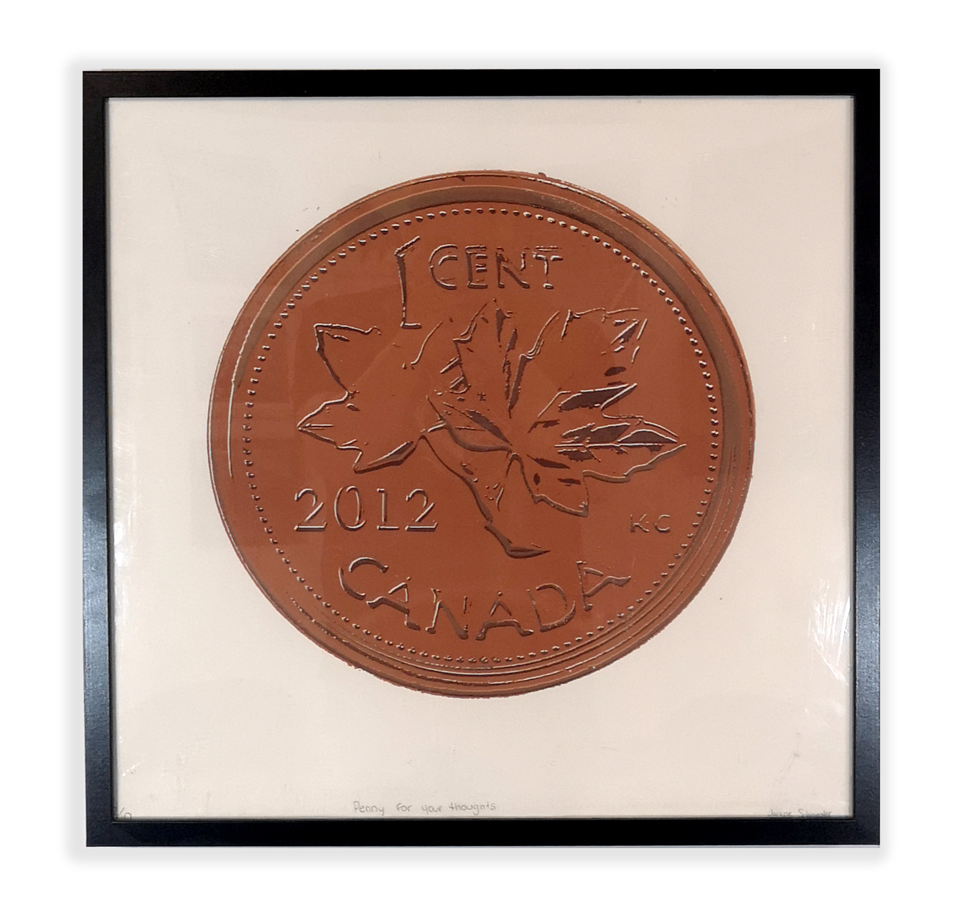 A screenprint of a 1 cent Canadian penny from 2012 with maple leaves in the centre