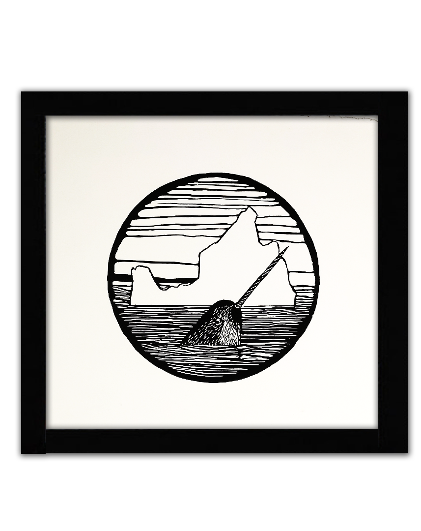 a linoprint of a narwhal breaching the water in front of an iceberg. It is framed by a black circle