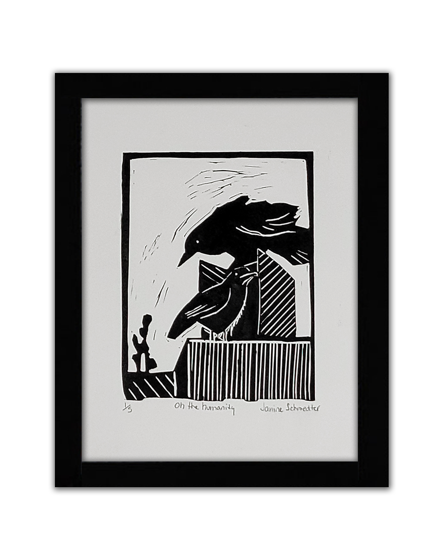 A black linocut of two birds. The larger one stands on a box and the smaller is underneath it.