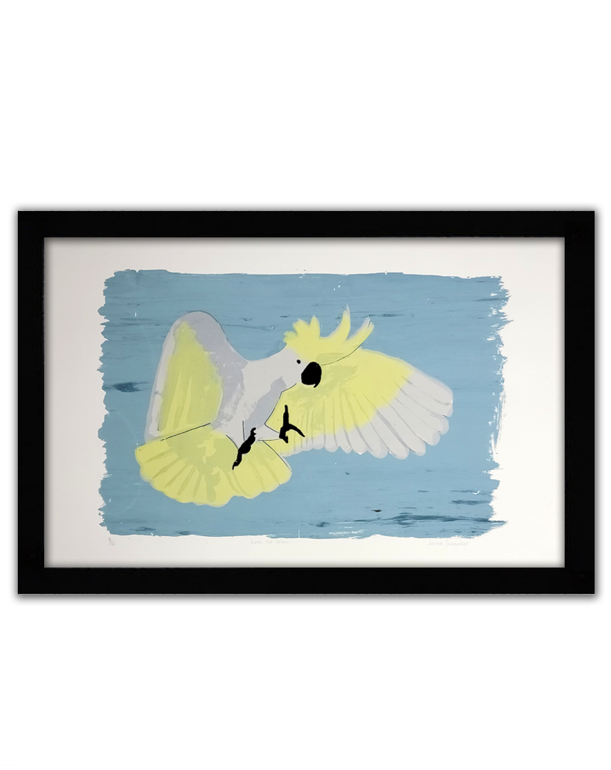 A screenprint of a sulphur crested cockato with a yellow crest, yellow wings and tail, and black beak and feet, about to land