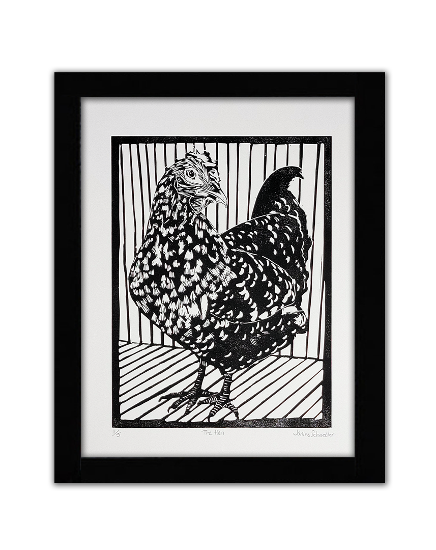 A black linocut of a hen with a lined background