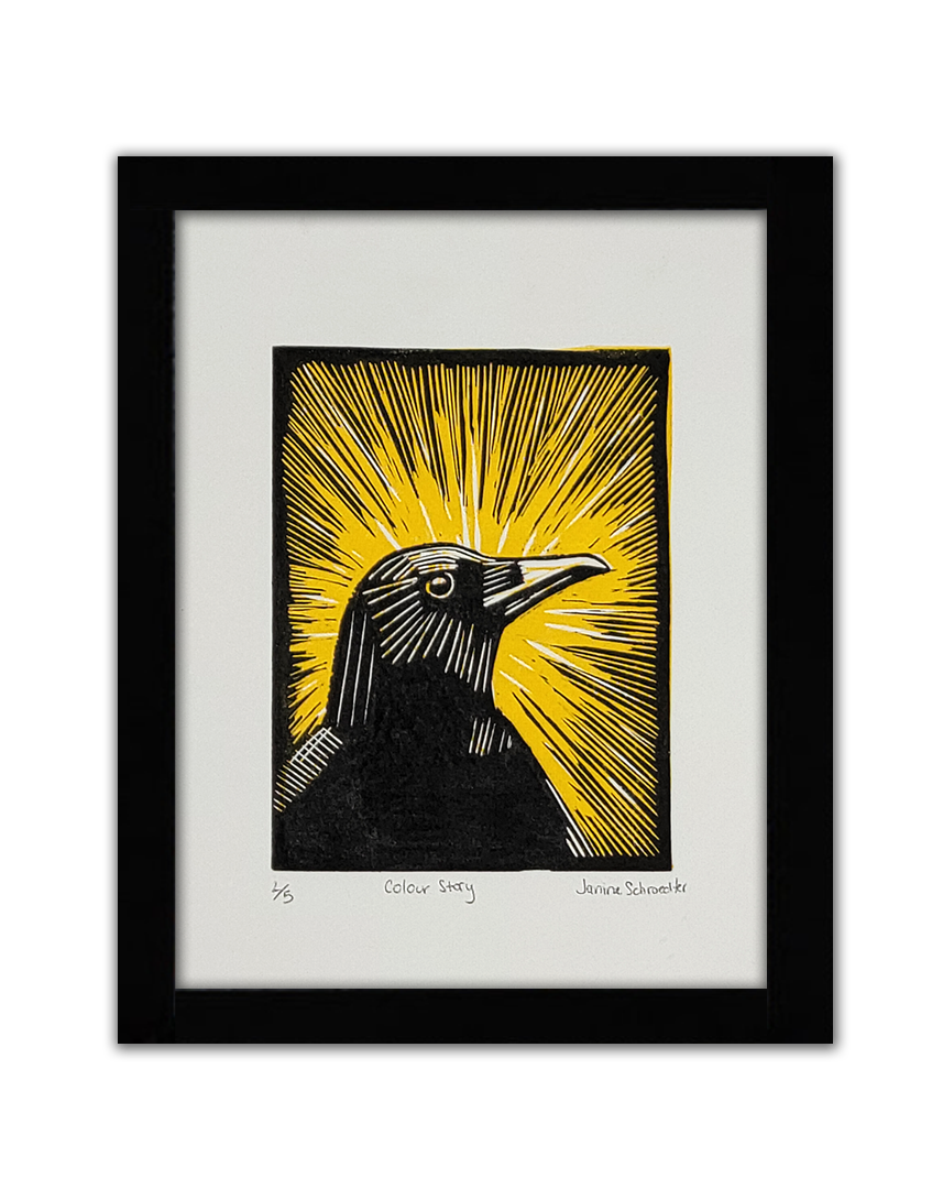 A linocut of a black crow highlighted by bursts of yellow behind it