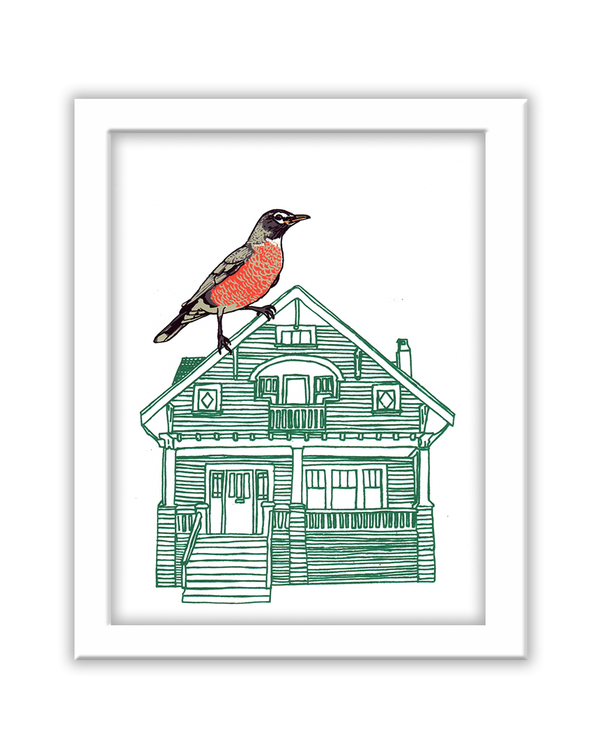 a screenprint of a robin perched atop a green linedrawing of a house