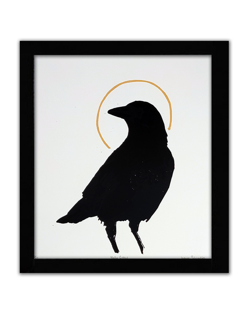 a screenprint of a black crow looking over its shoulder with a golden halo around its head
