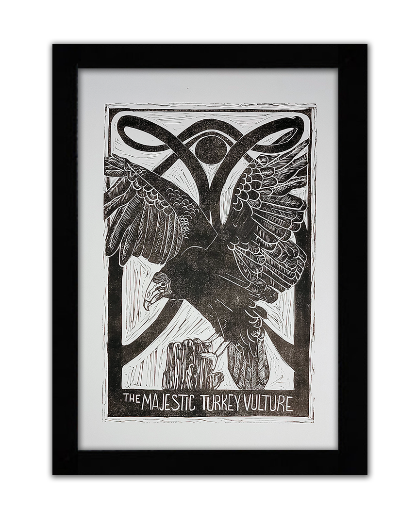 A black linoprint of a turkey vulture with its winds open as it lands on a stump