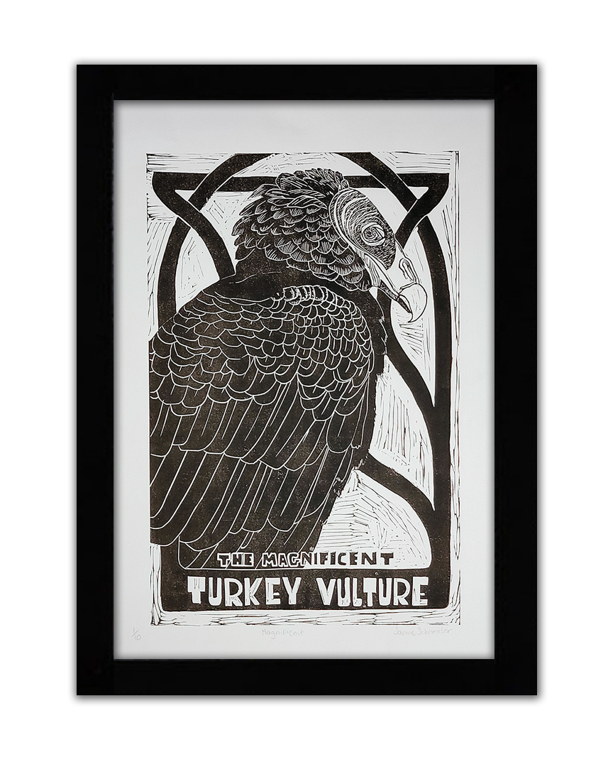 A black linoprint of a turkey vulture
