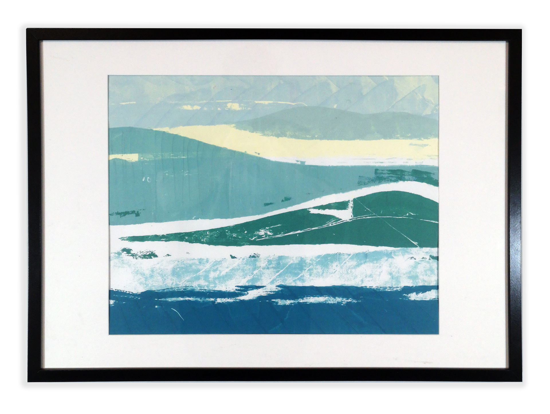 A screenprinted abstract landscape with shades of blue and green