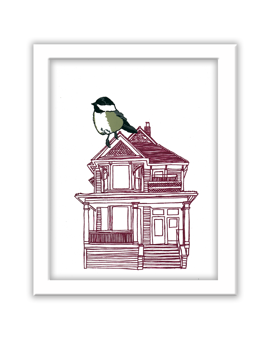 a screenprint of a chickadee perched atop a burgundy line drawing of a house