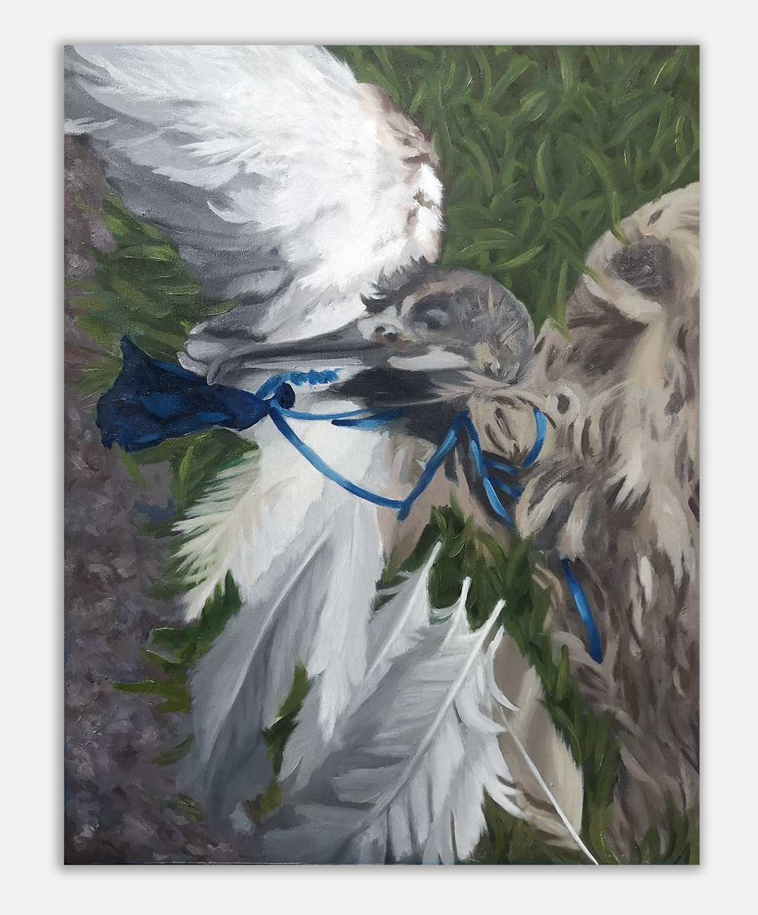 A painting of a grey and white dead bird wrapped in the blue string of a blue balloon
