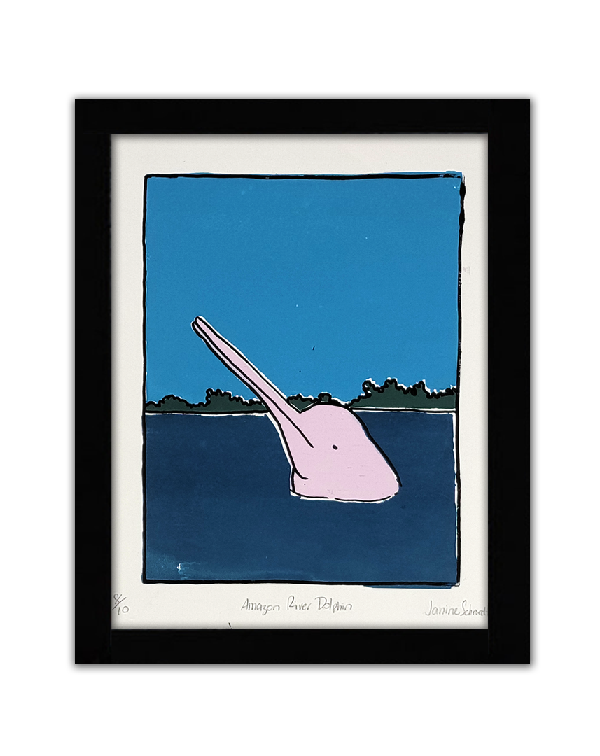A screenprint of a pink amazon river dolphin spyhopping