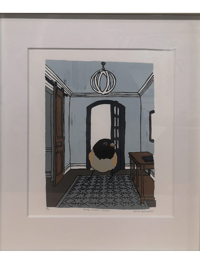 a screenprint of a giant juno inside the interior of the entranceway of a house with the door open behind him