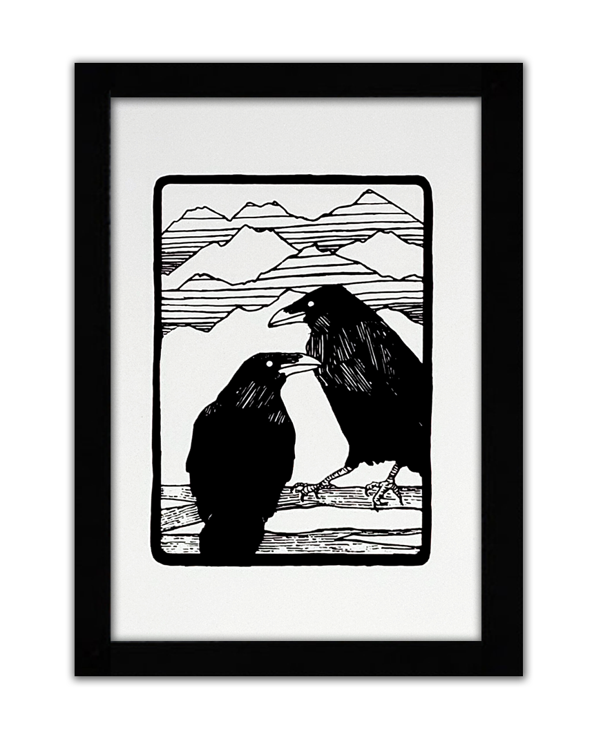 a screenprint of two crows standing on twigs with mountains in the background